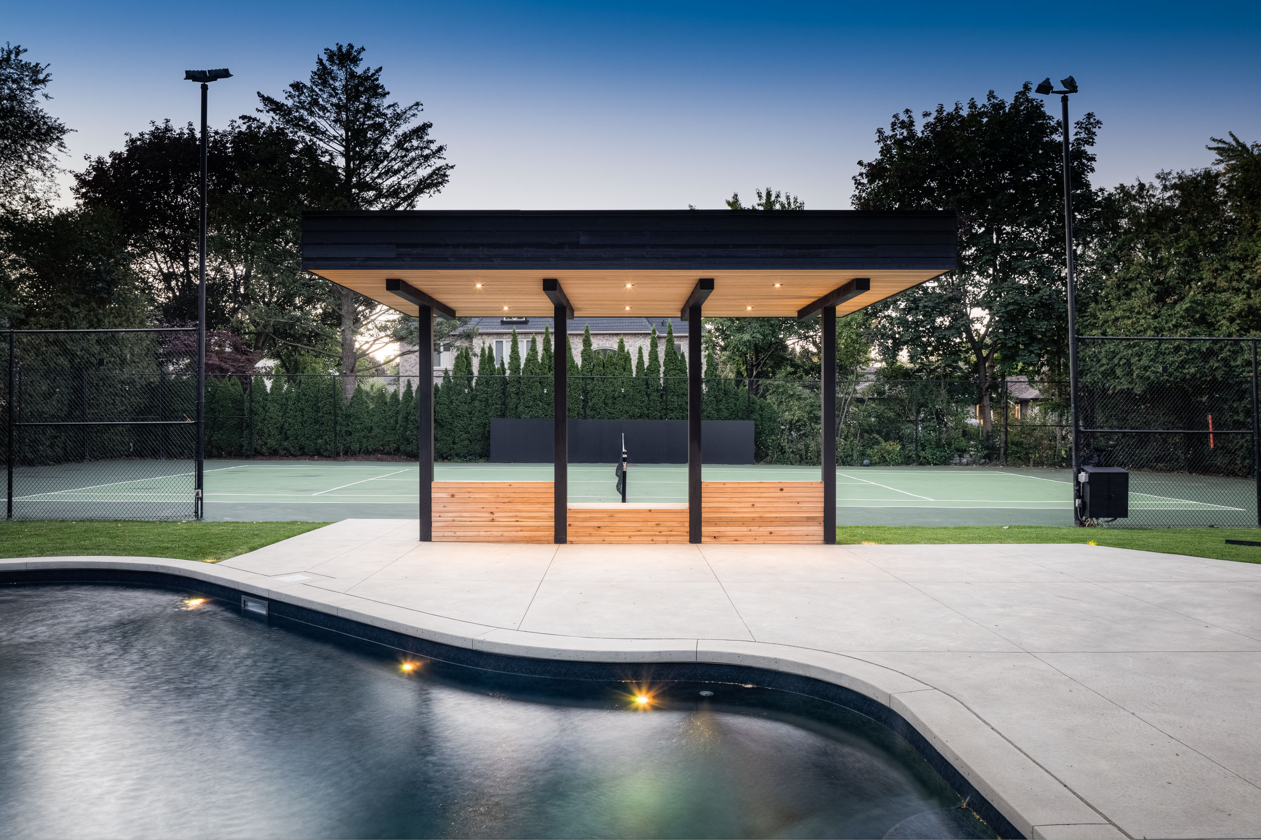 Modern outdoor covered seating area. 
